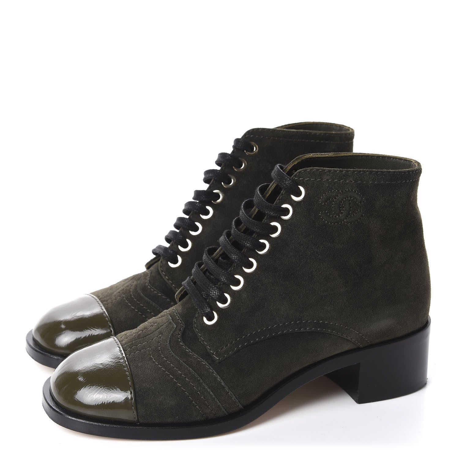 Chanel Suede Patent CC Lace Up Boots 35.5 Green 3 of 11