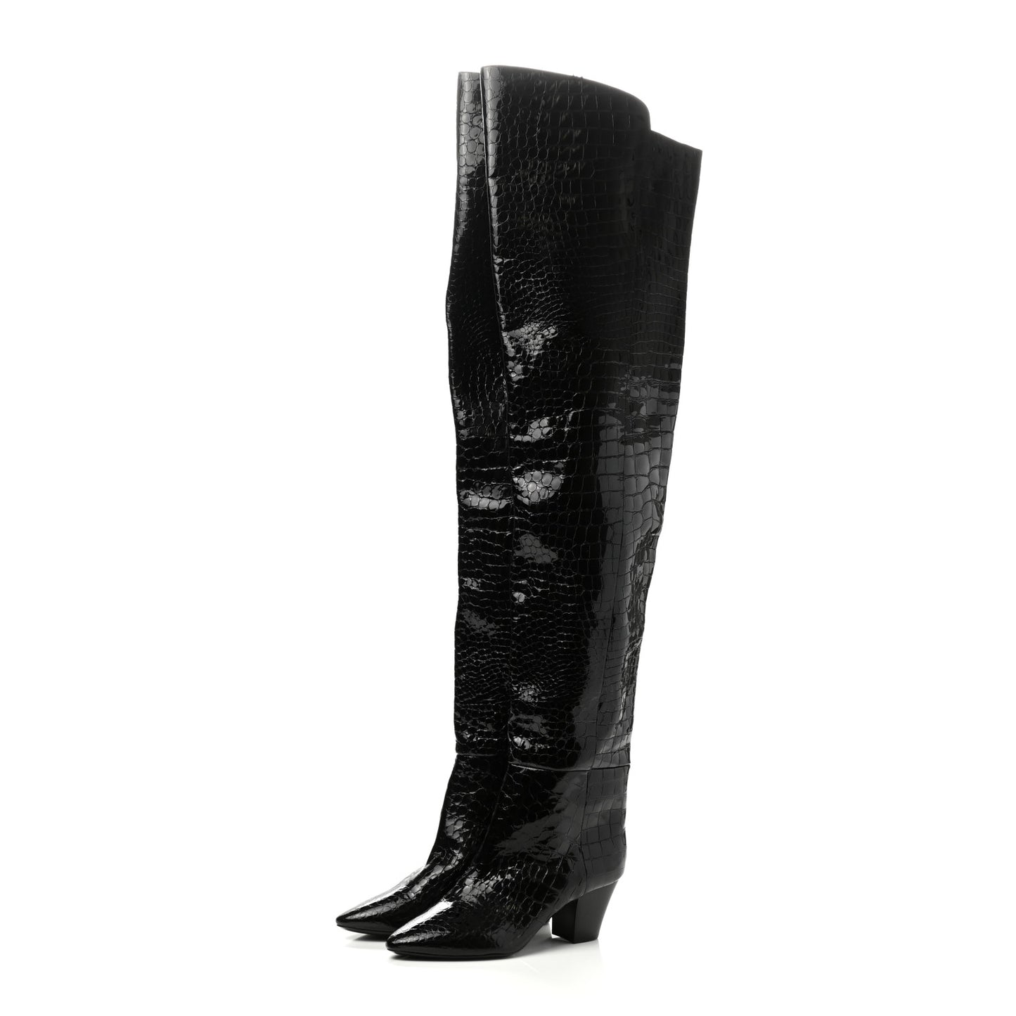 Calfskin Crocodile Embossed Kim Thigh High Boots 39 Black
