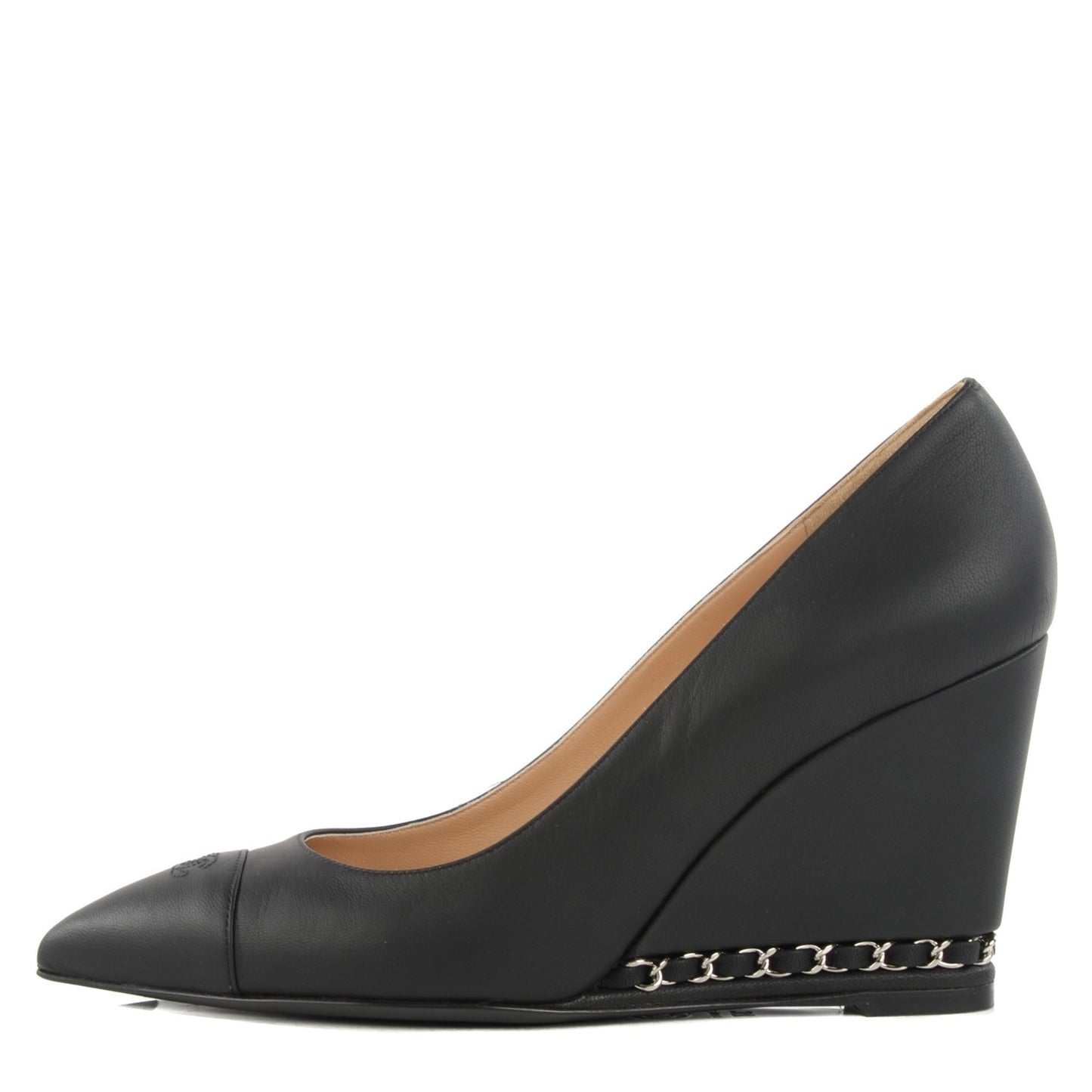 Calfskin Cap Toe Chain Wedge Pumps 37 Black