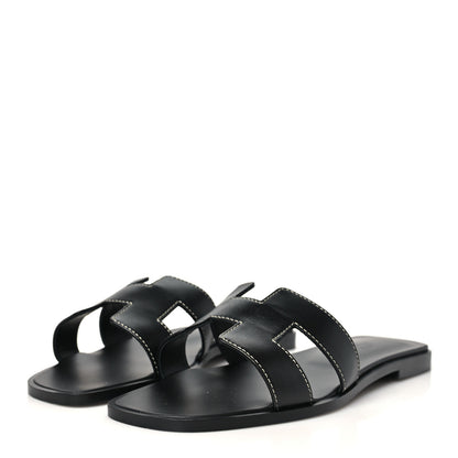 Hermes Box Calfskin Oran Sandals 37.5 Black 4 of 9