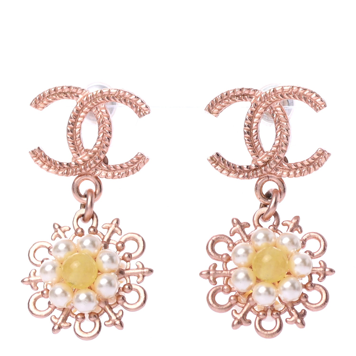 Chanel Pearl Resin CC Flower Drop Earrings Yellow Gold 1 of 4