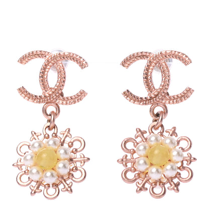 Chanel Pearl Resin CC Flower Drop Earrings Yellow Gold 1 of 4