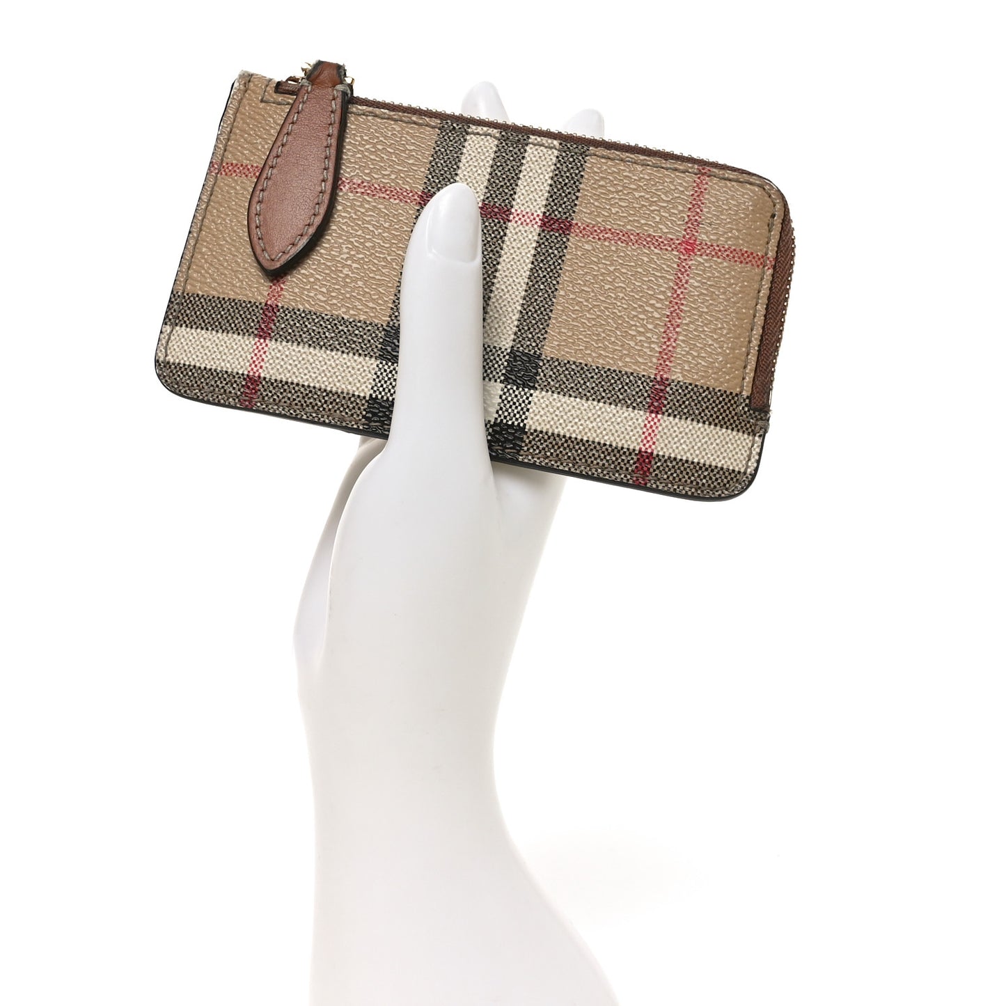Check Calfskin Zip Card Case Holder Archive Beige