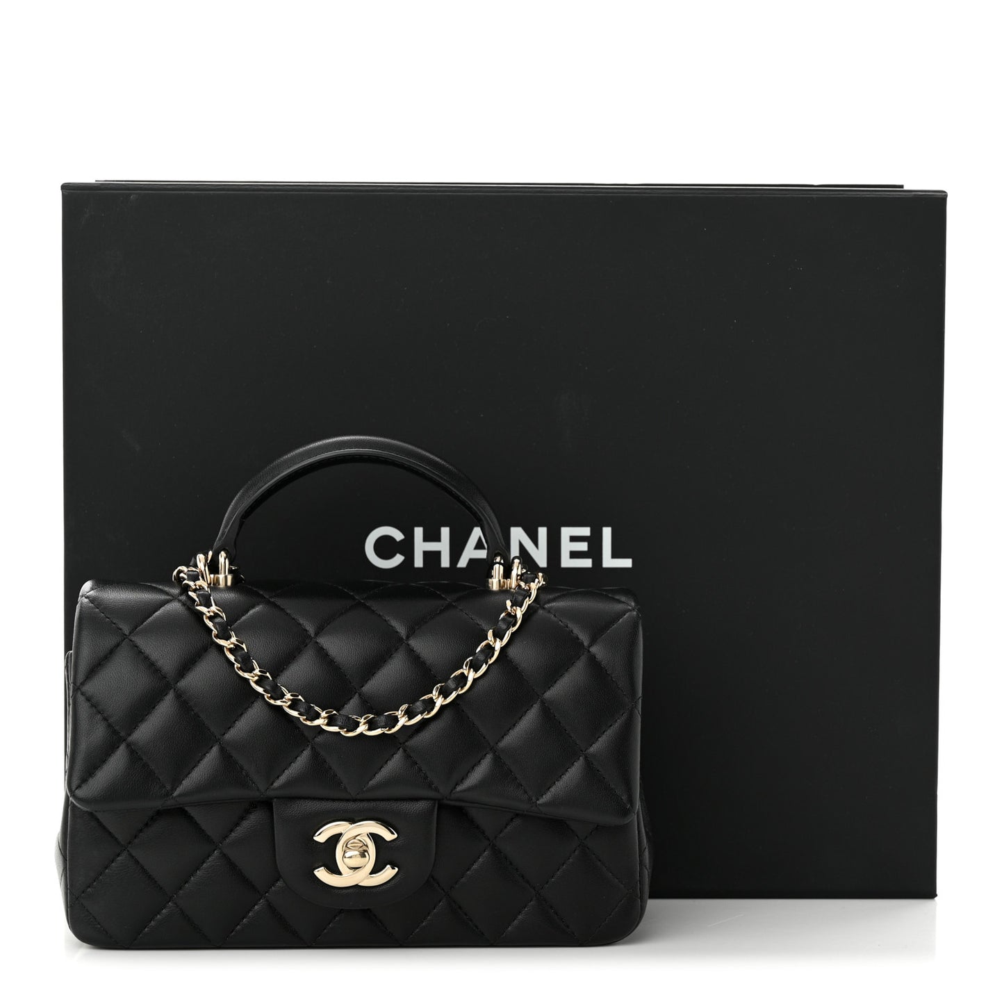 Lambskin Quilted Mini Top Handle Rectangular Flap Black