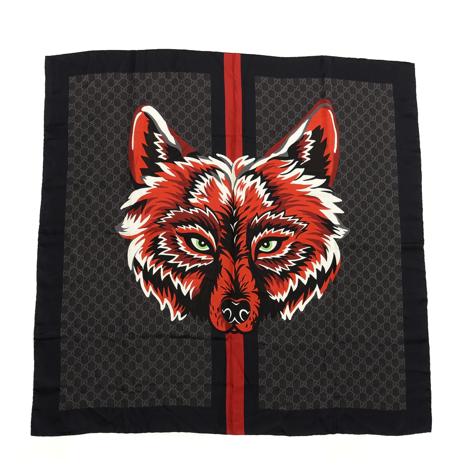 Gucci Silk GG Monogram Wolf GG Web Scarf Black Blue 666654