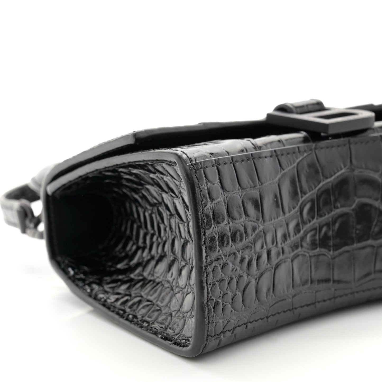 Shiny Calfskin Monochrome Crocodile Embossed Hourglass Top Handle Bag XS Black
