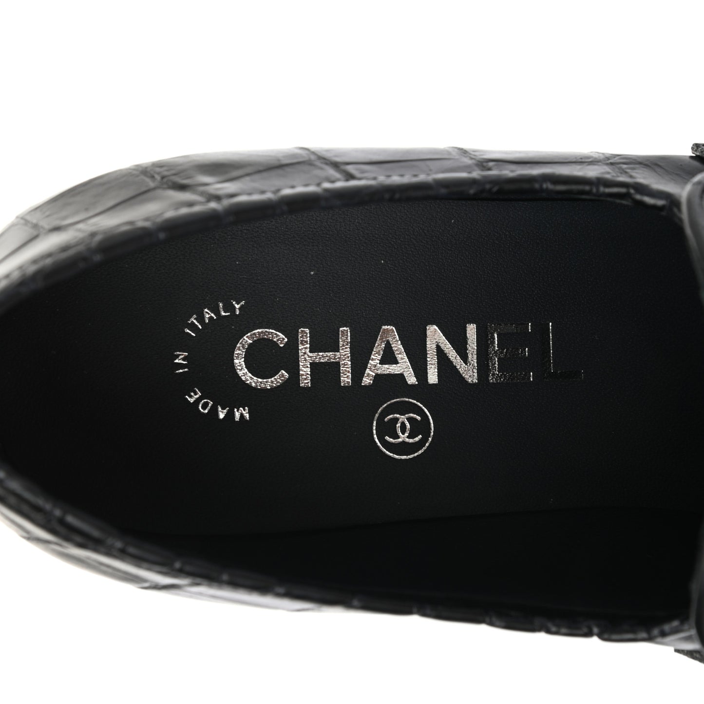 Calfskin Crocodile Embossed CC Chain Mocassin Loafers 37.5 Navy Black