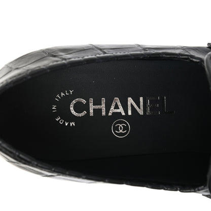 Chanel Calfskin Crocodile Embossed CC Chain Mocassin Loafers 37.5 Navy Black 5 of 8