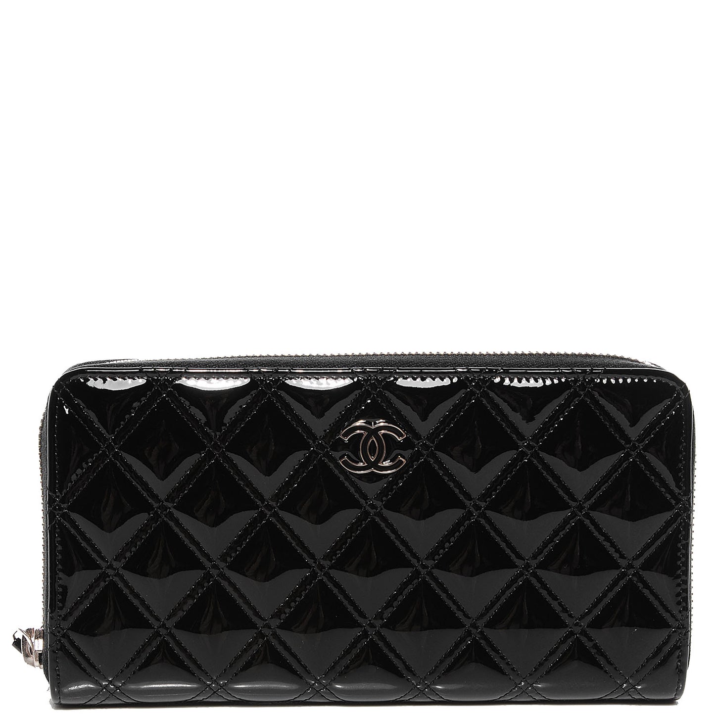 Patent Quilted Large Gusset Zip Around Wallet Black