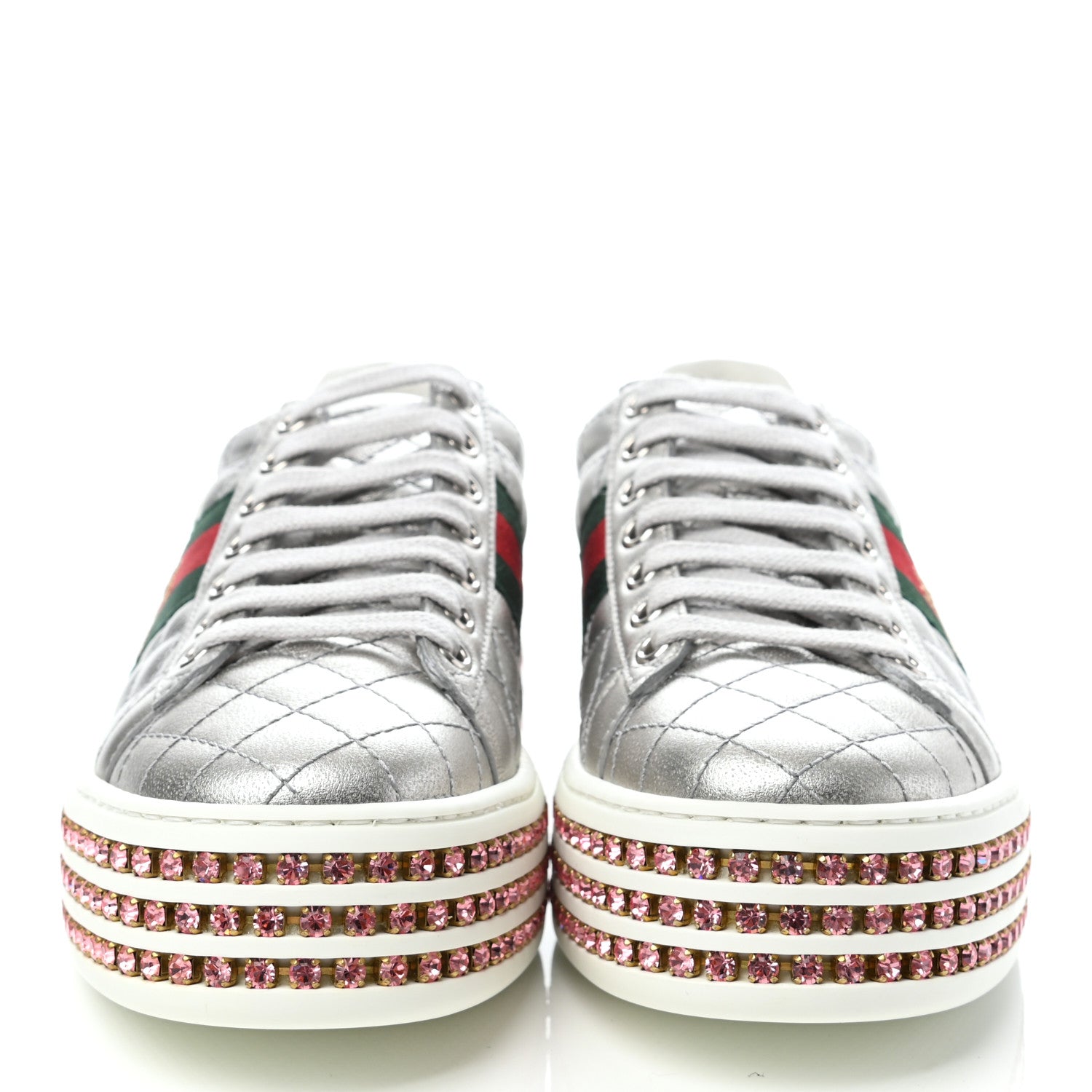 Gucci Laminated Nappa Crystal Web Bee Embroidered Trapuntata Womens Ace Platform Sneakers 35.5 Argento 2 of 8