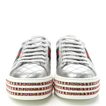 Gucci Laminated Nappa Crystal Web Bee Embroidered Trapuntata Womens Ace Platform Sneakers 35.5 Argento 2 of 8