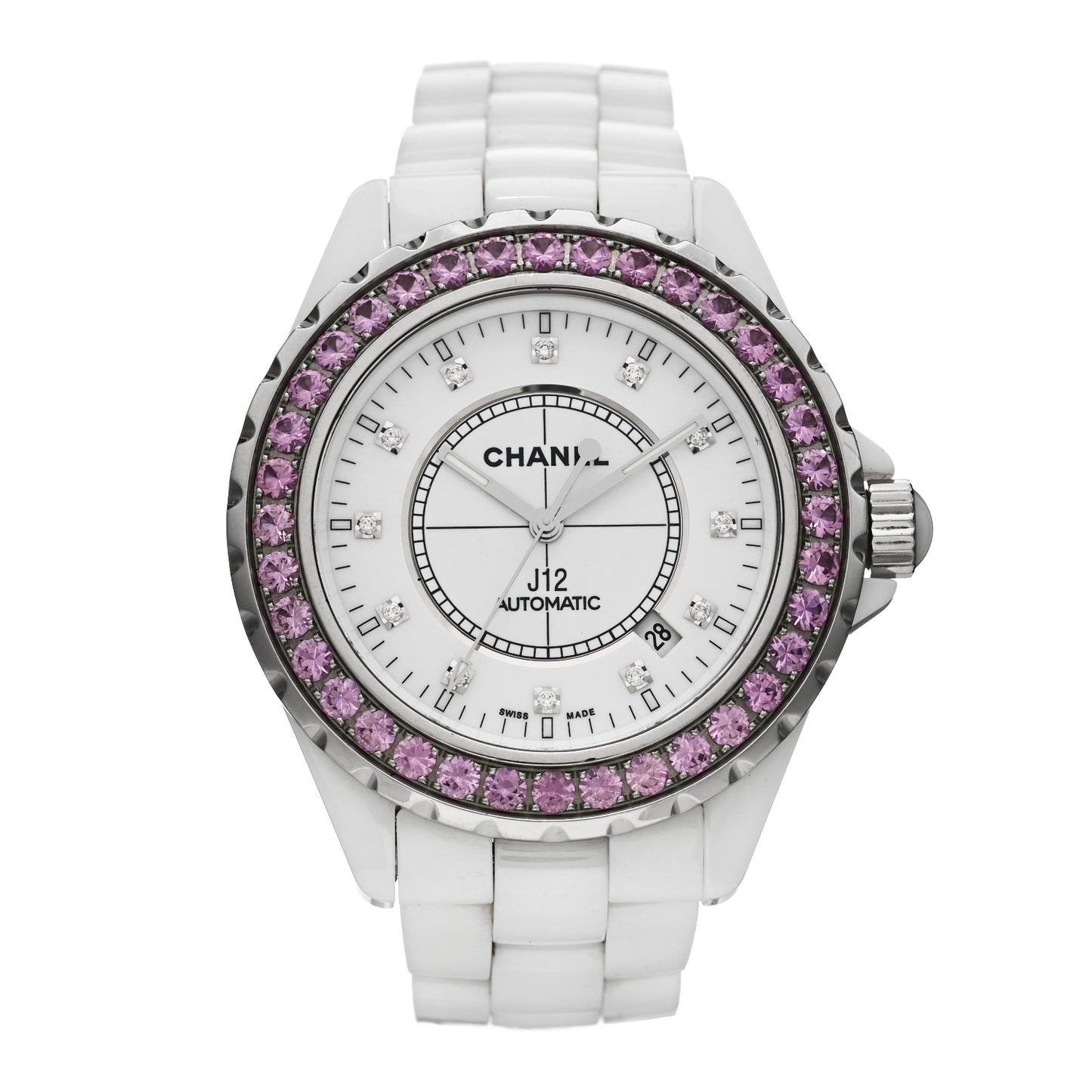 Stainless Steel Ceramic Diamond Pink Sapphire 42mm J12 Automatic Watch White