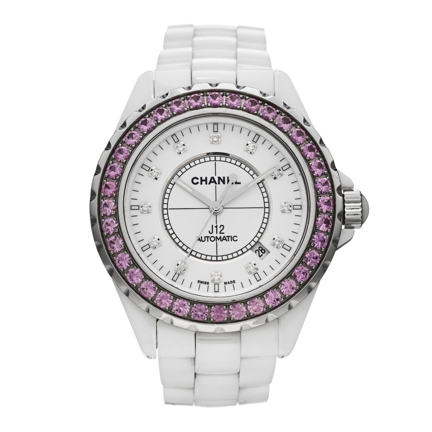 Chanel Stainless Steel Ceramic Diamond Pink Sapphire 42mm J12 Automatic Watch White 1 of 5