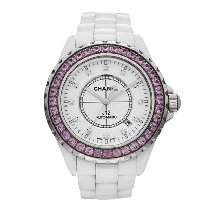 Chanel Stainless Steel Ceramic Diamond Pink Sapphire 42mm J12 Automatic Watch White 1 of 5