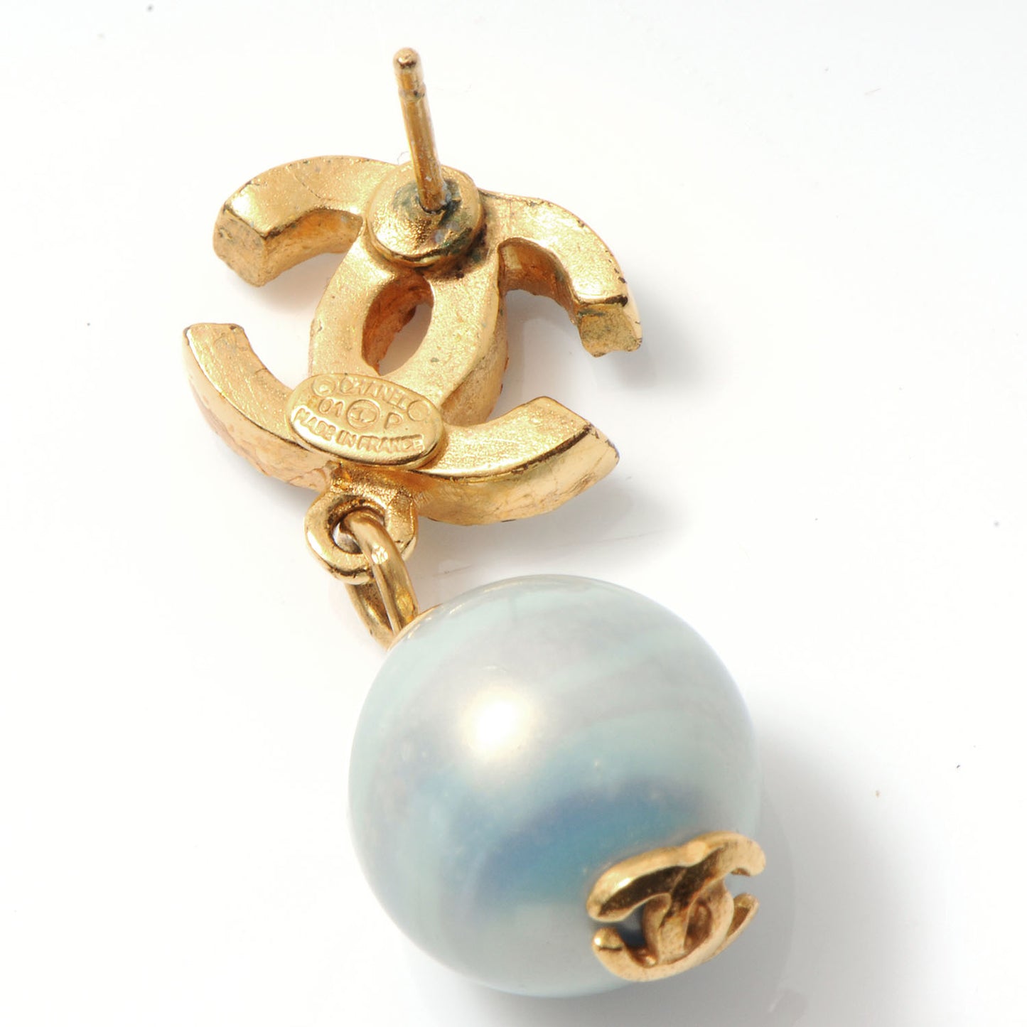 Swarovski Crystal CC Pearl Dangle Pierced Earrings Blue