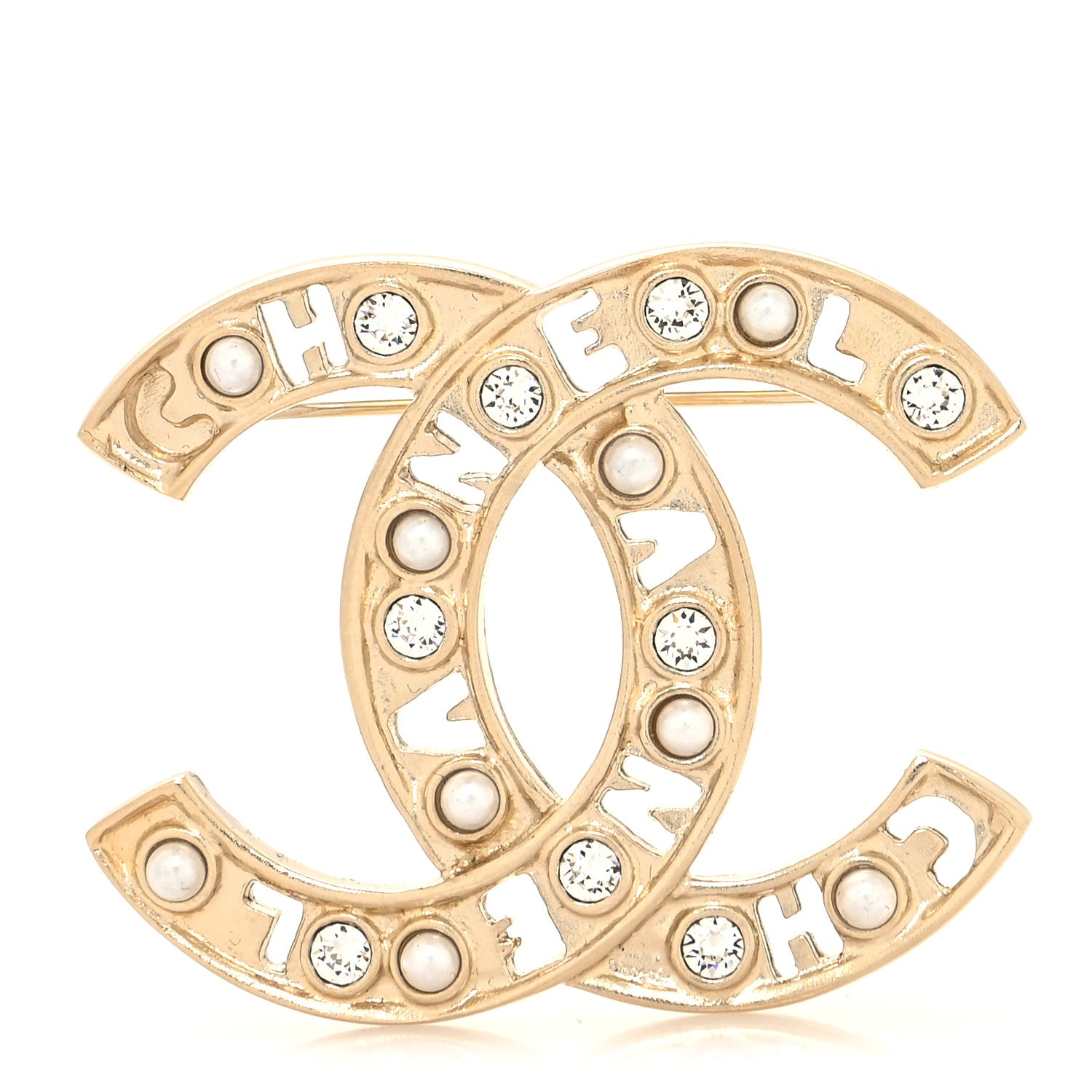 Chanel Crystal Pearl Coco CC Logo Brooch Gold 1 of 4