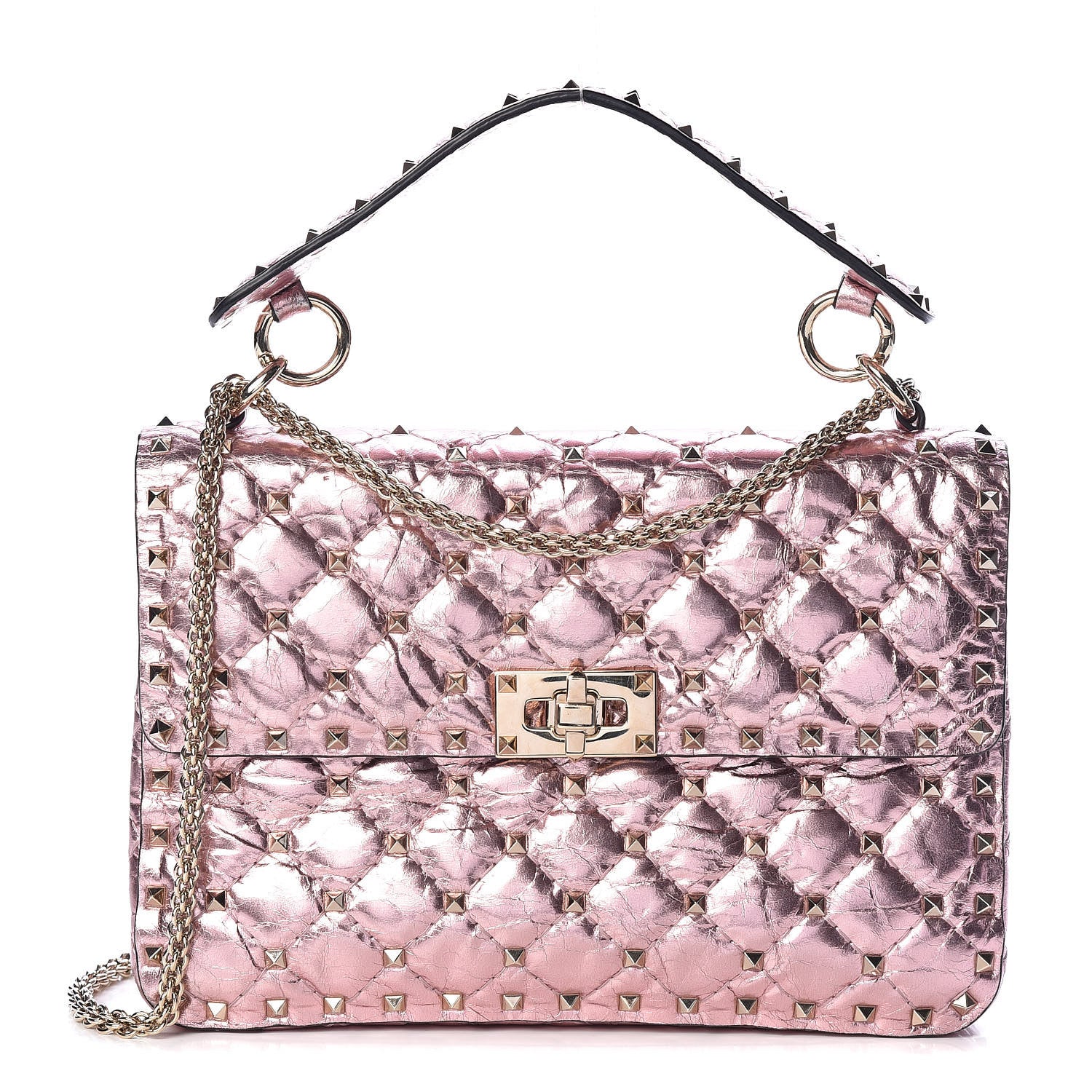 Valentino Garavani Metallic Wrinkled Lambskin Medium Rockstud Spike Shoulder Bag Lipstick 1 of 11