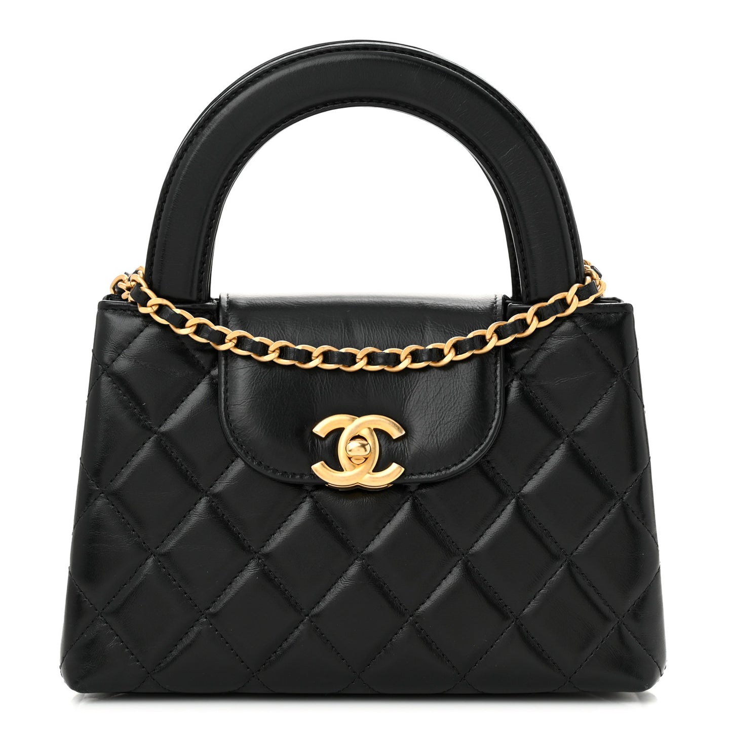 Shiny Aged Calfskin Quilted Nano Kelly Shopper Black