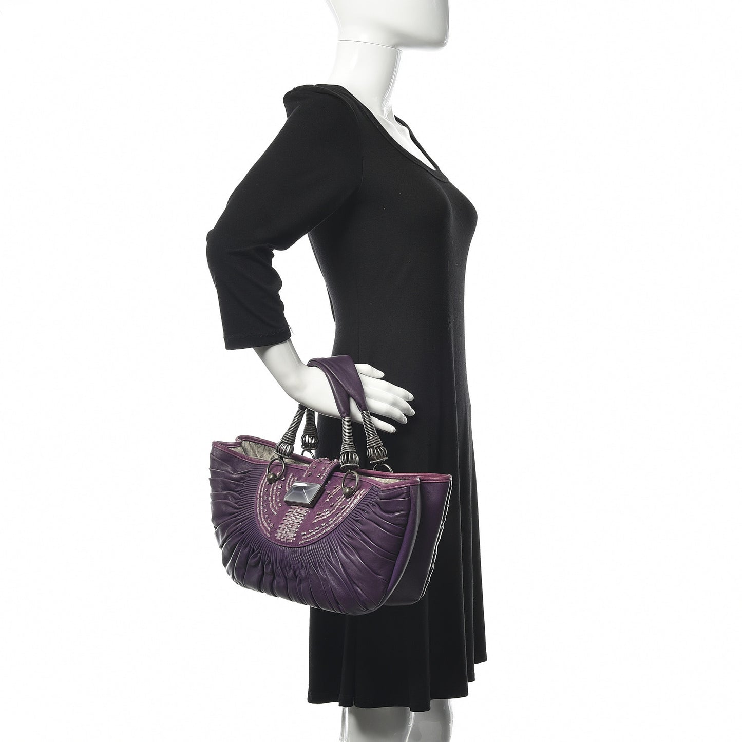 Lambskin Plisse Pleated Basket Tote Bag Violet Fonce