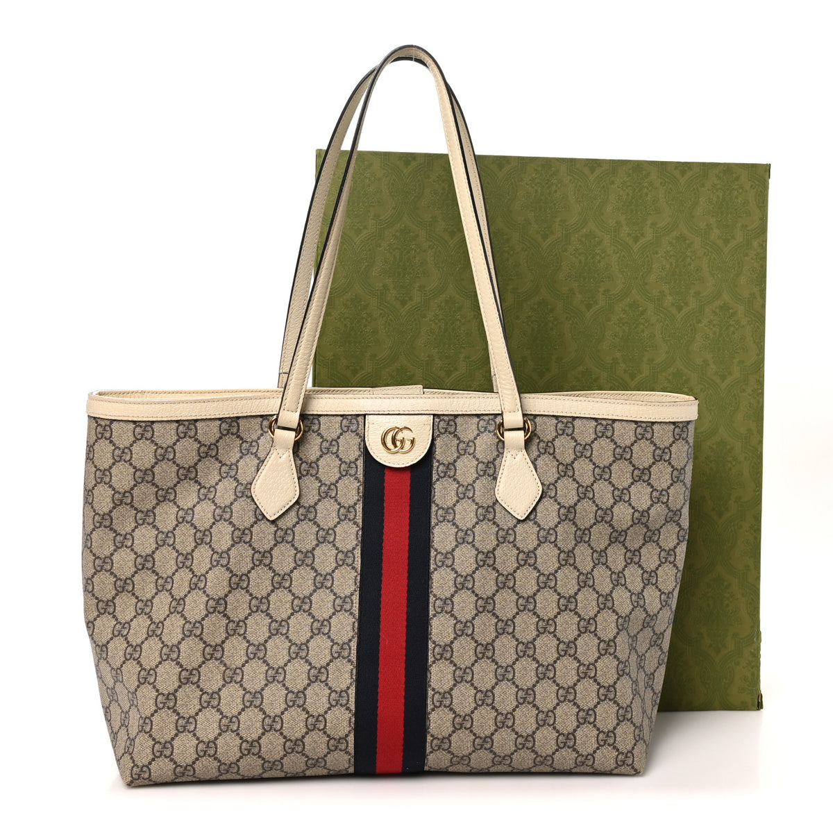 GG Supreme Monogram Textured Dollar Calfskin Web Medium Ophidia Shopping Tote Beige Ebony Mystic White