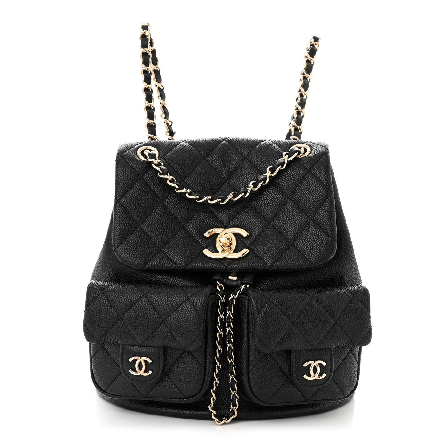 Shiny Caviar Quilted Medium Duma Pockets Drawstring Backpack Black