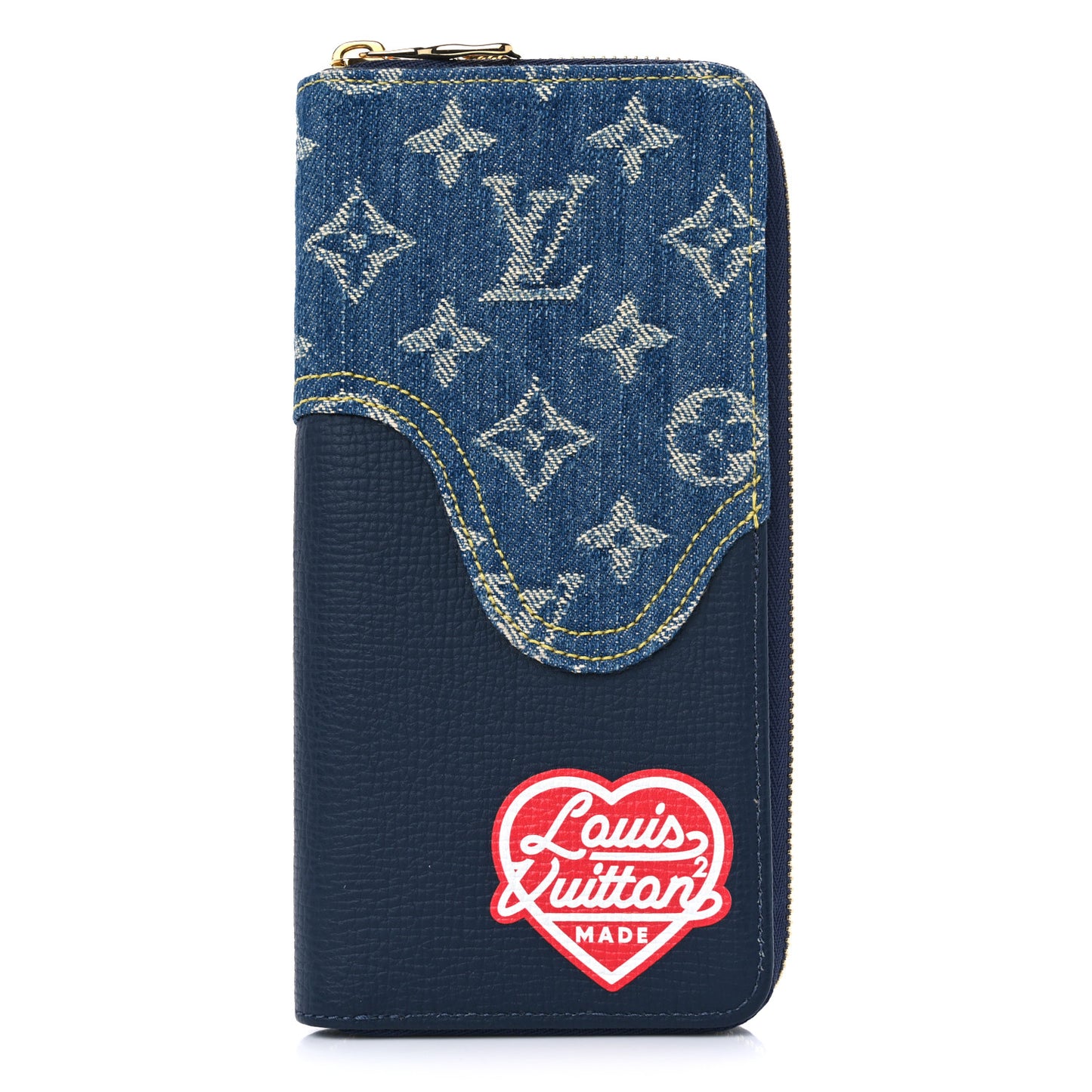 X NIGO Taurillon Monogram Denim Drip Zippy Vertical Wallet Blue
