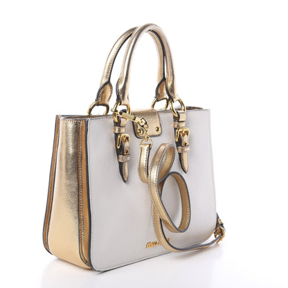 Miu Miu Metallic Goatskin Madras Bi-Color Shopping Tote White Pyrite 4 of 9