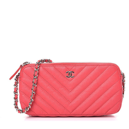 Chanel Caviar Chevron Quilted Small Clutch With Chain Light Red 1 of 12