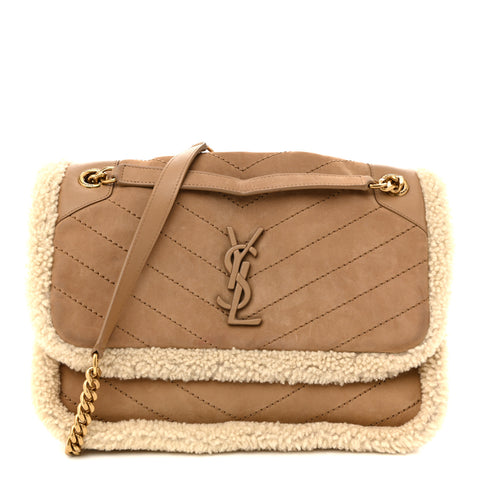 Nubuck Shearling Monogram Medium Niki Chain Satchel Ivory Natural Tan