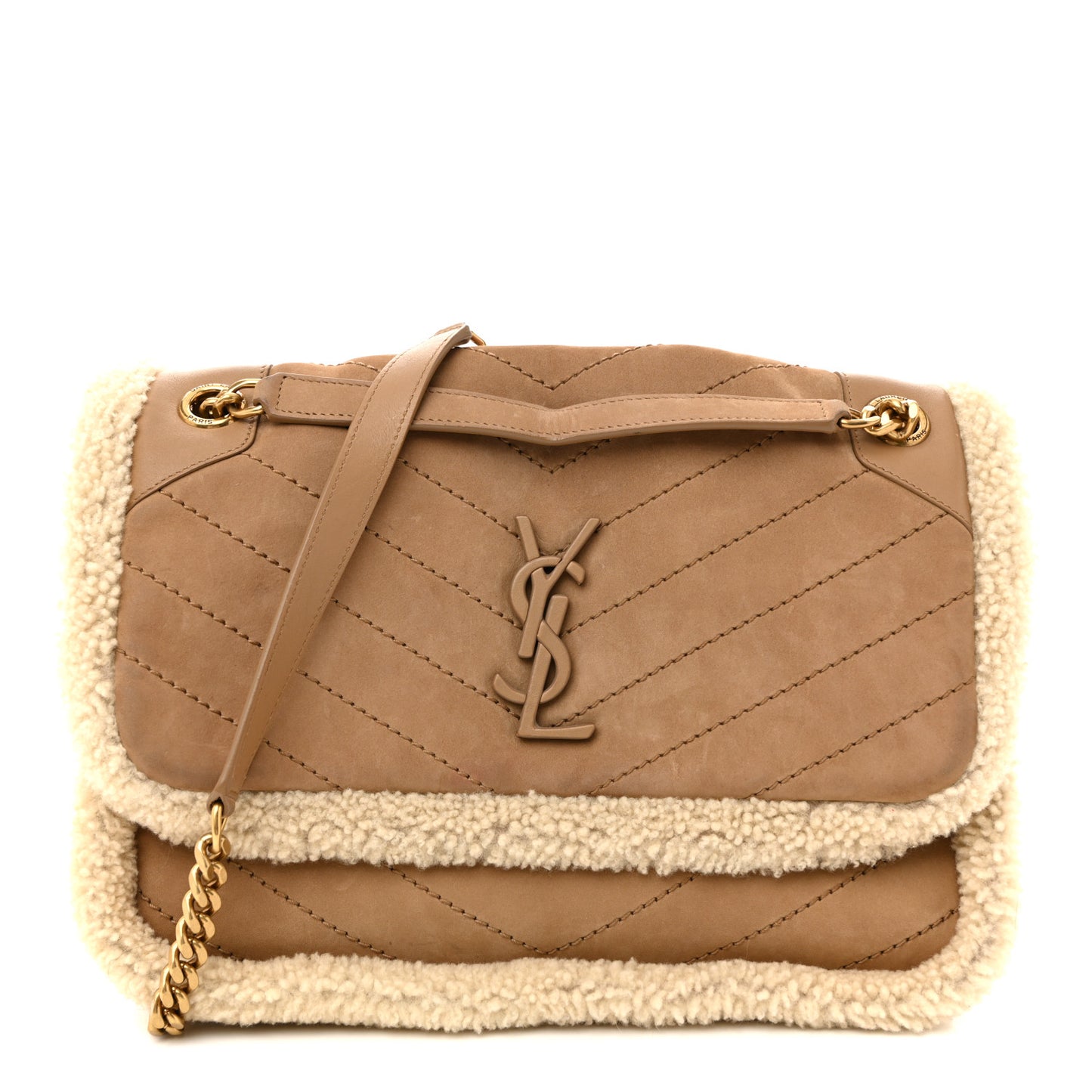 Nubuck Shearling Monogram Medium Niki Chain Satchel Ivory Natural Tan