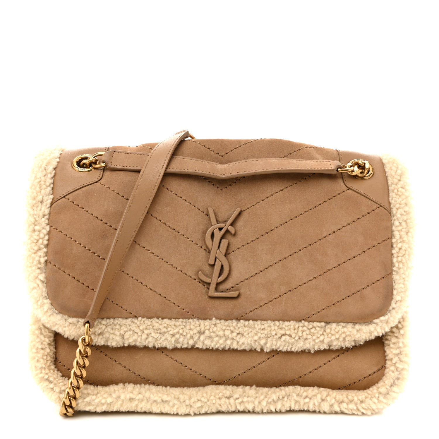 Saint Laurent Nubuck Shearling Monogram Medium Niki Chain Satchel Ivory Natural Tan 1 of 13