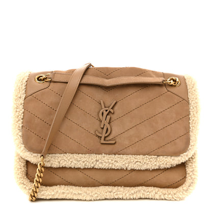 Saint Laurent Nubuck Shearling Monogram Medium Niki Chain Satchel Ivory Natural Tan 1 of 13