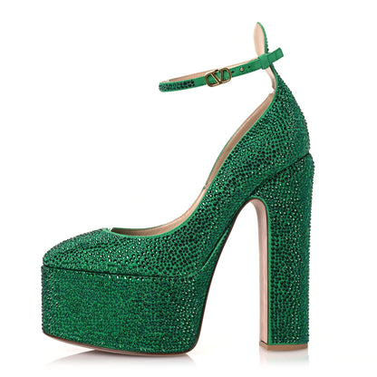 Valentino Garavani Crystal Suede Tan-Go 55/155mm Platform Pumps 37 Emerald 1 of 10