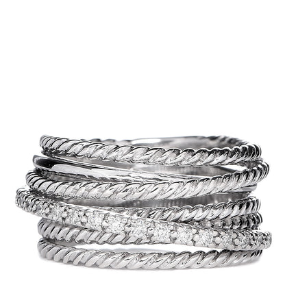 David Yurman Sterling Silver Diamond 11mm Wide Crossover Cable Ring 52 6 1 of 5