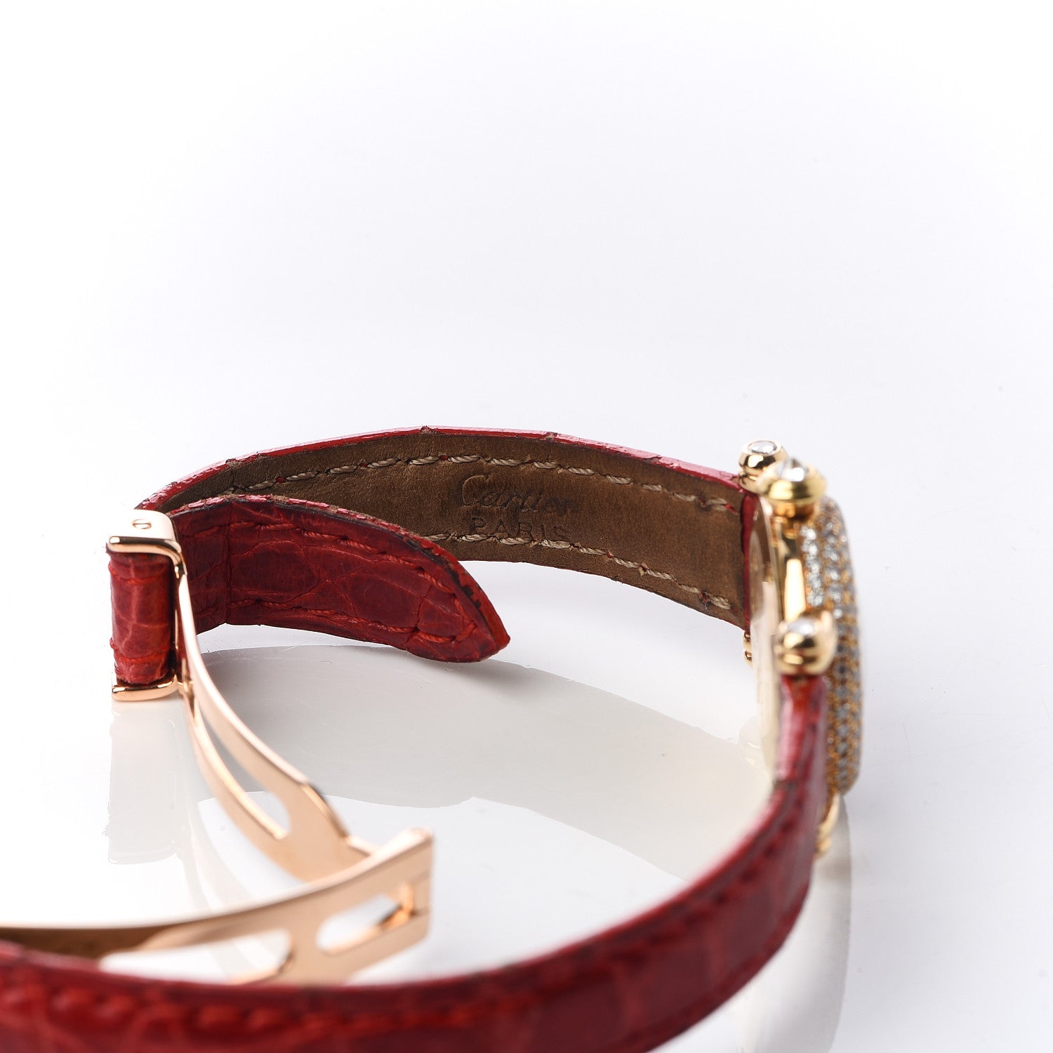 Cartier 18K Yellow Gold Alligator Diamond Bezel 20mm Diabolo Quartz Watch Red 7 of 10