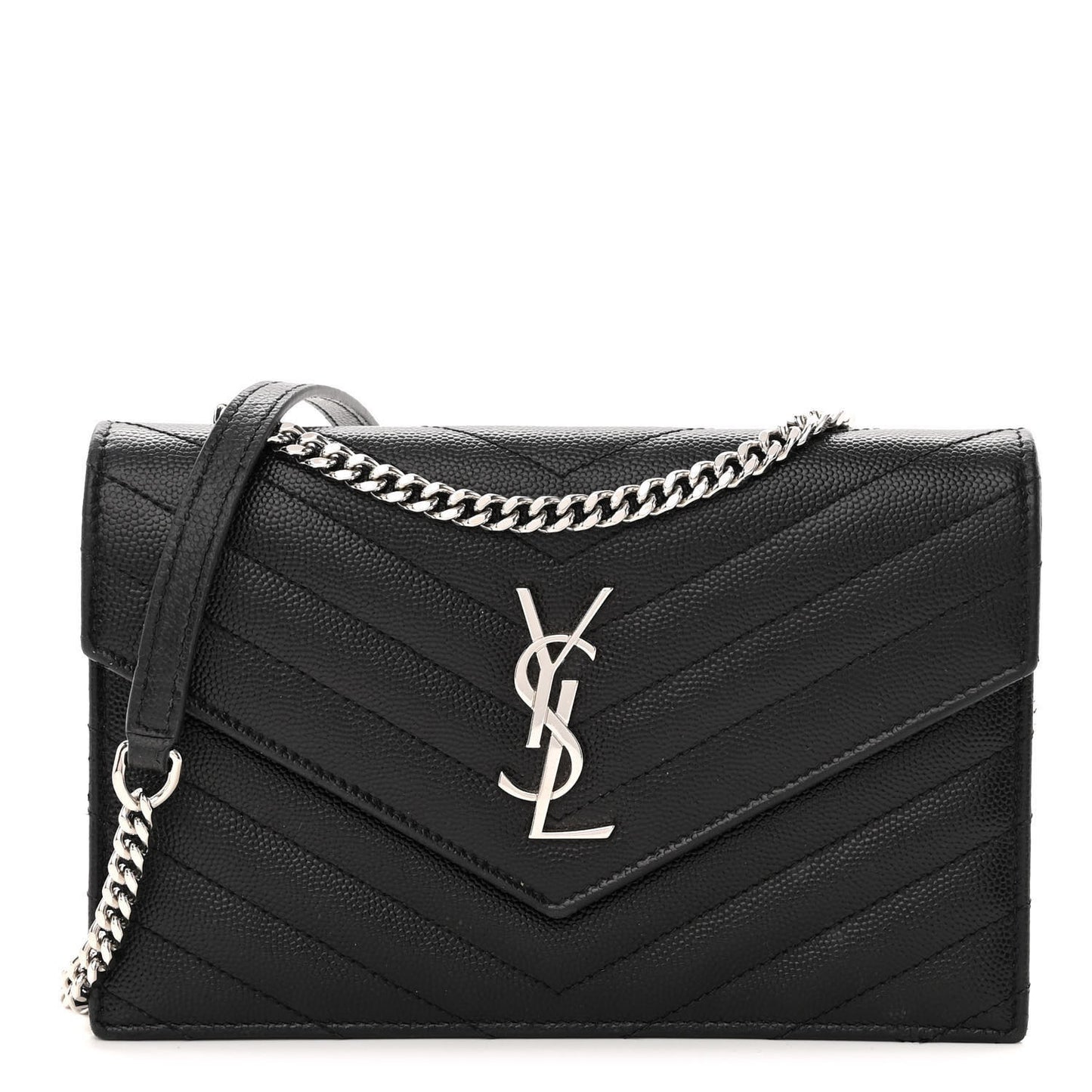 Grain De Poudre Matelasse Chevron Monogram Envelope Chain Wallet Black