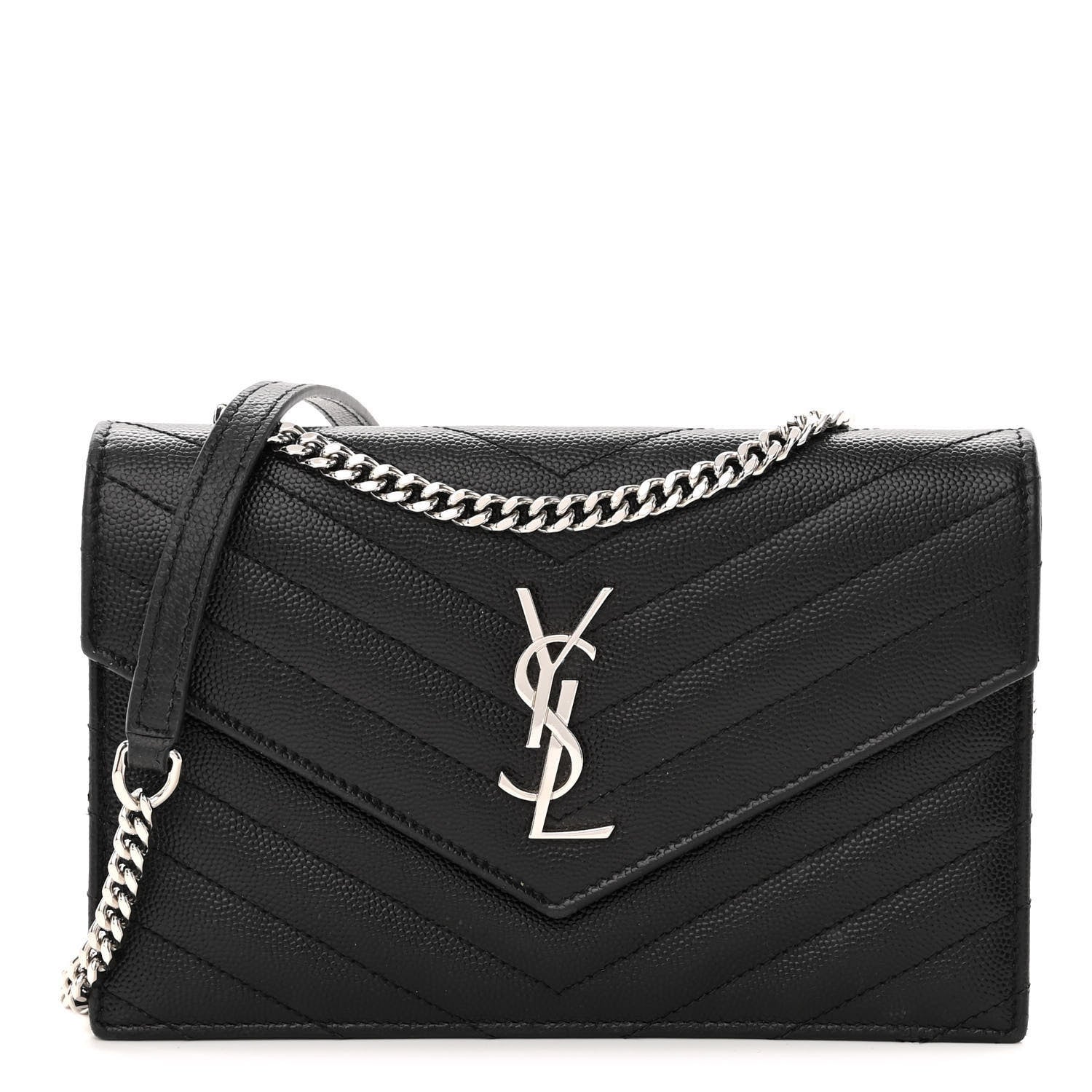 Saint Laurent Grain De Poudre Matelasse Chevron Monogram Envelope Chain Wallet Black 1 of 9