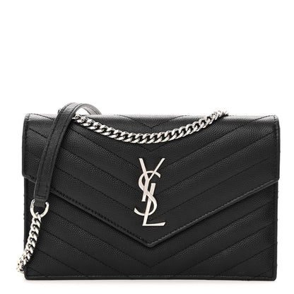Saint Laurent Grain De Poudre Matelasse Chevron Monogram Envelope Chain Wallet Black 1 of 9