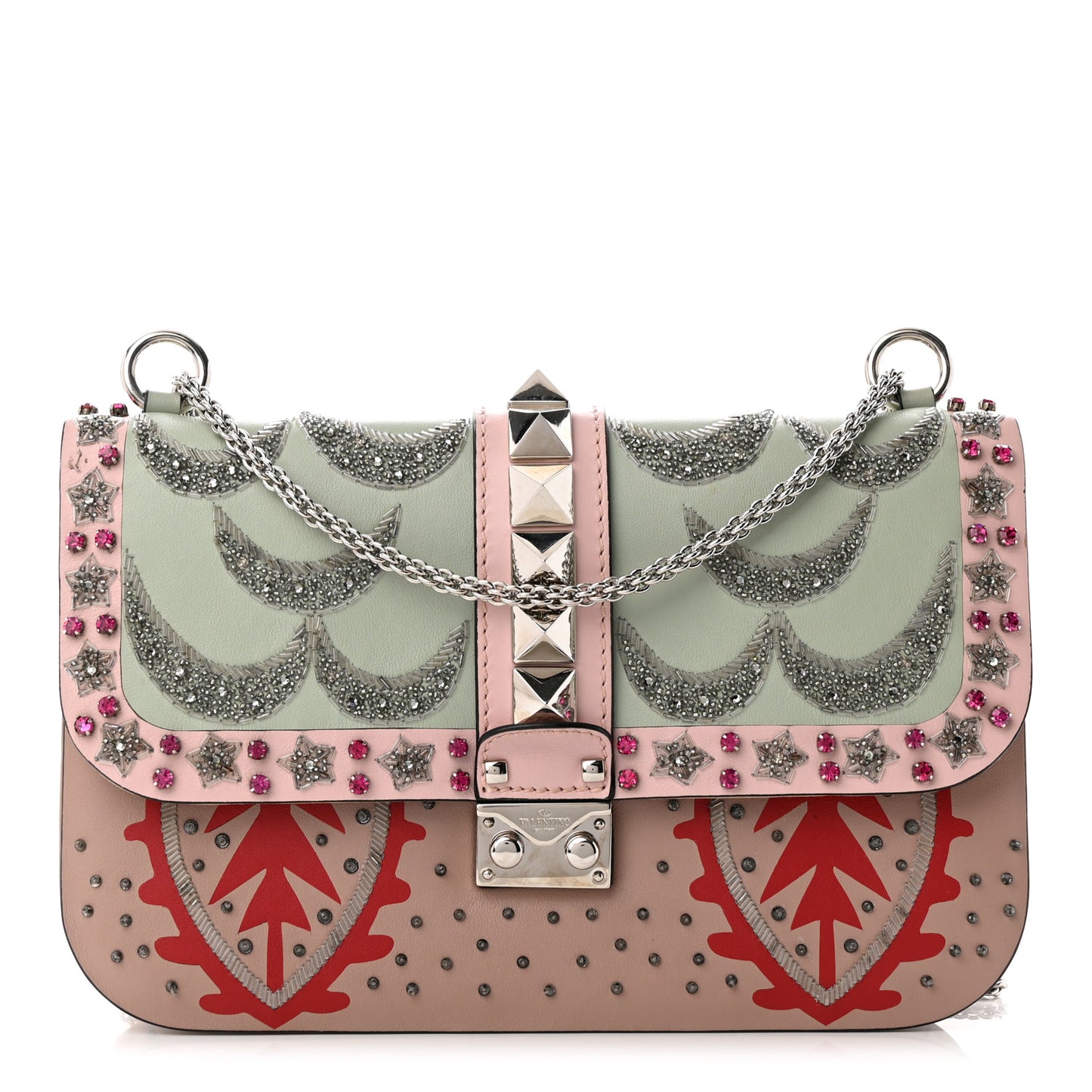Vitello Crystal Embellished Medium Glam Lock Rockstud Flap Poudre
