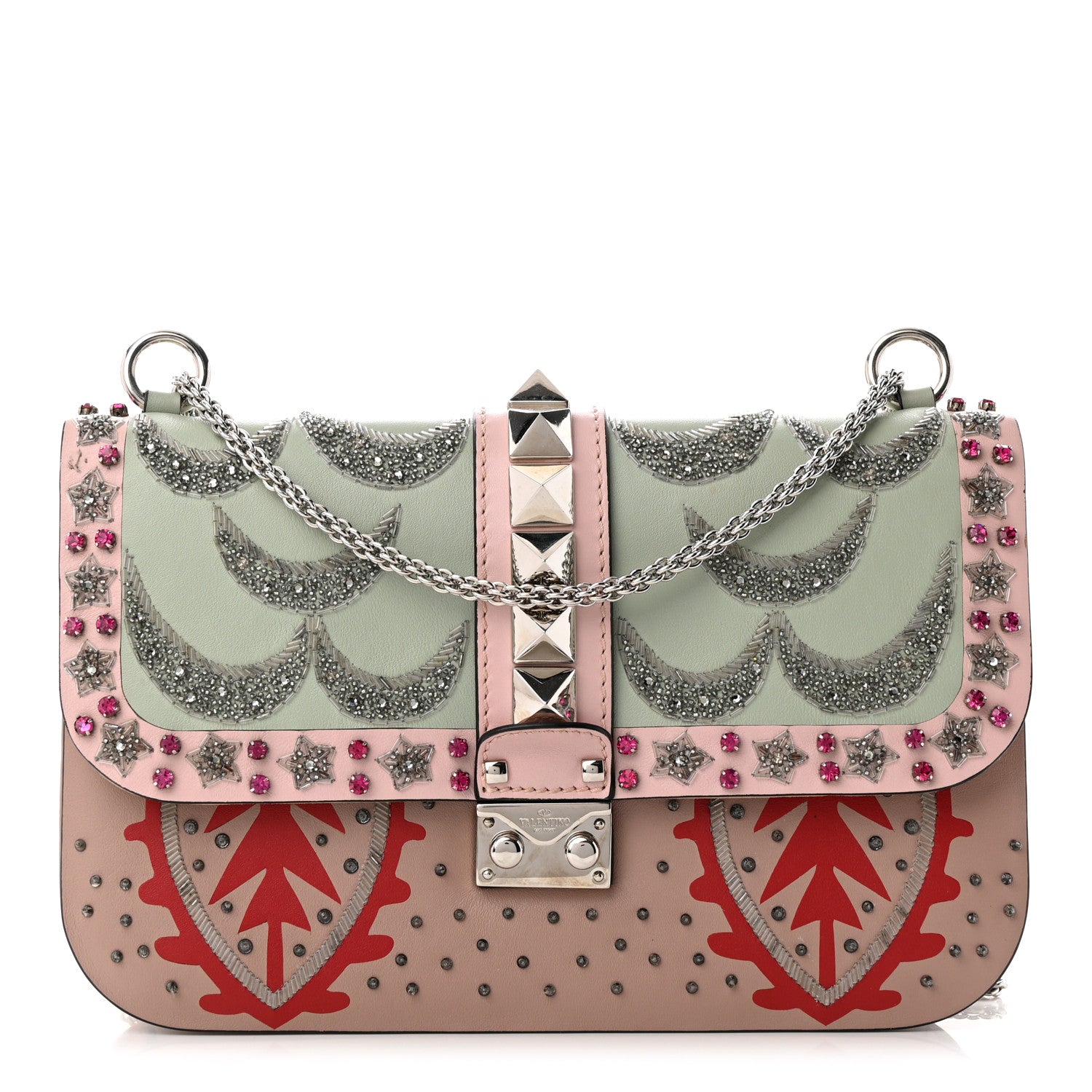 Valentino Garavani Vitello Crystal Embellished Medium Glam Lock Rockstud Flap Poudre 1 of 9