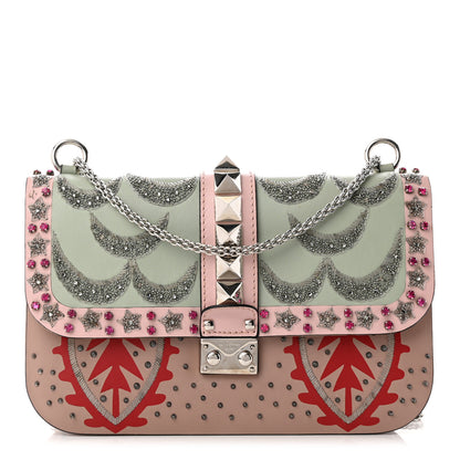 Valentino Garavani Vitello Crystal Embellished Medium Glam Lock Rockstud Flap Poudre 1 of 9
