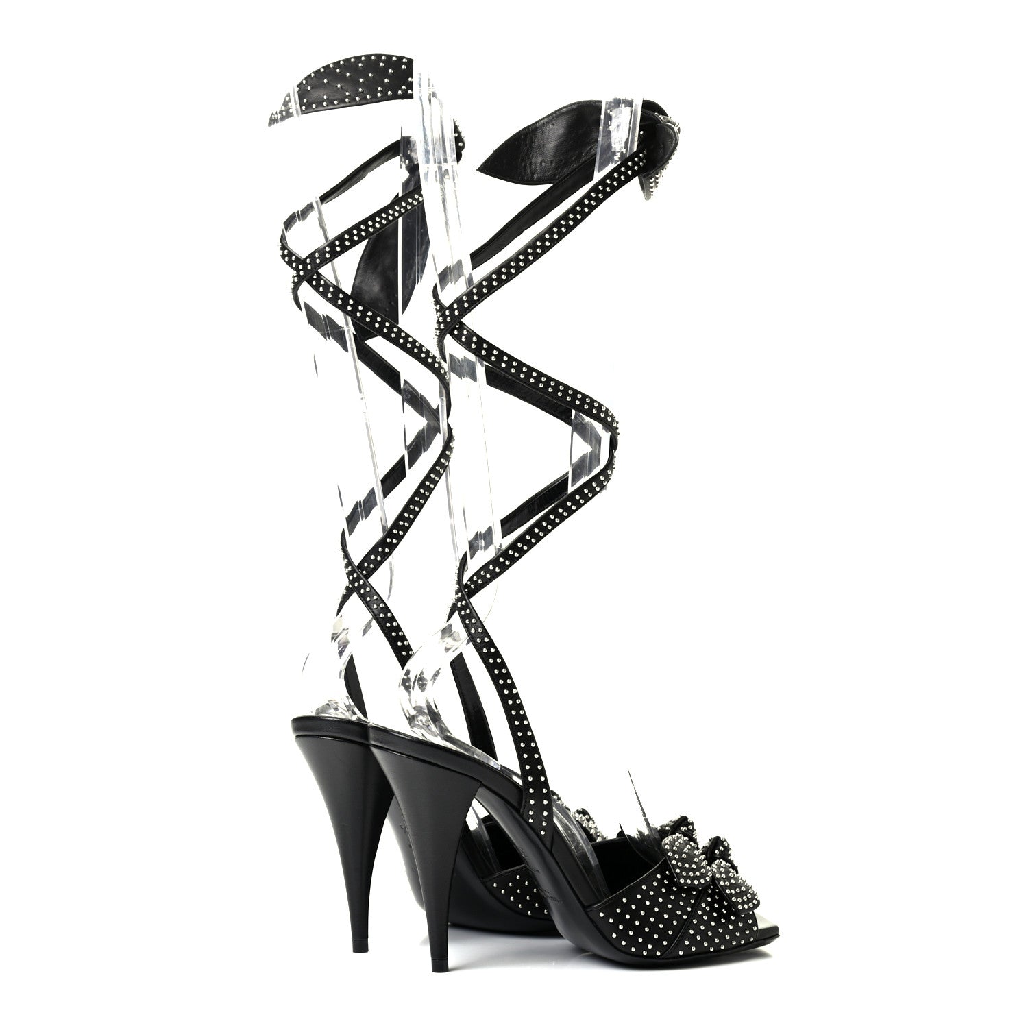 Saint Laurent Calfskin Studded Bow Sandals 37.5 Black 3 of 4