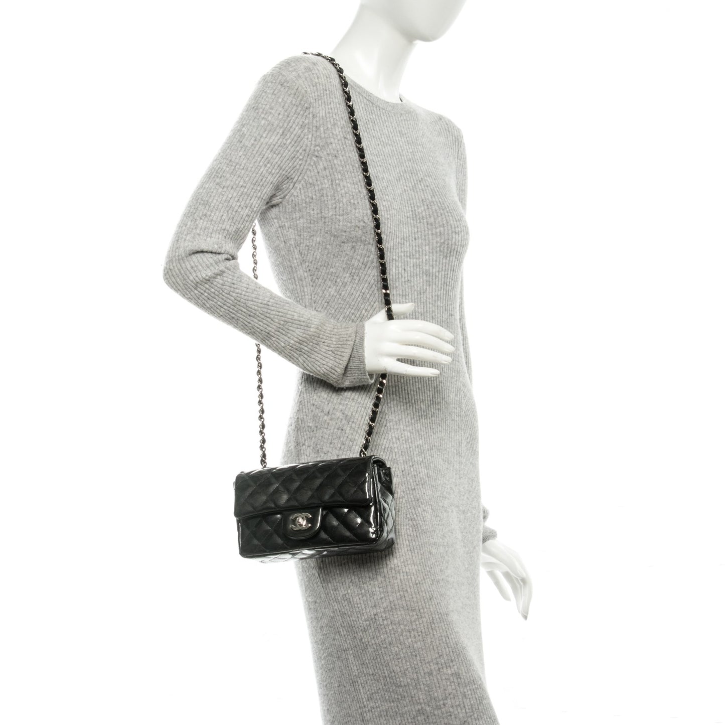 Striated Patent Quilted Mini Rectangular Flap Dark Grey