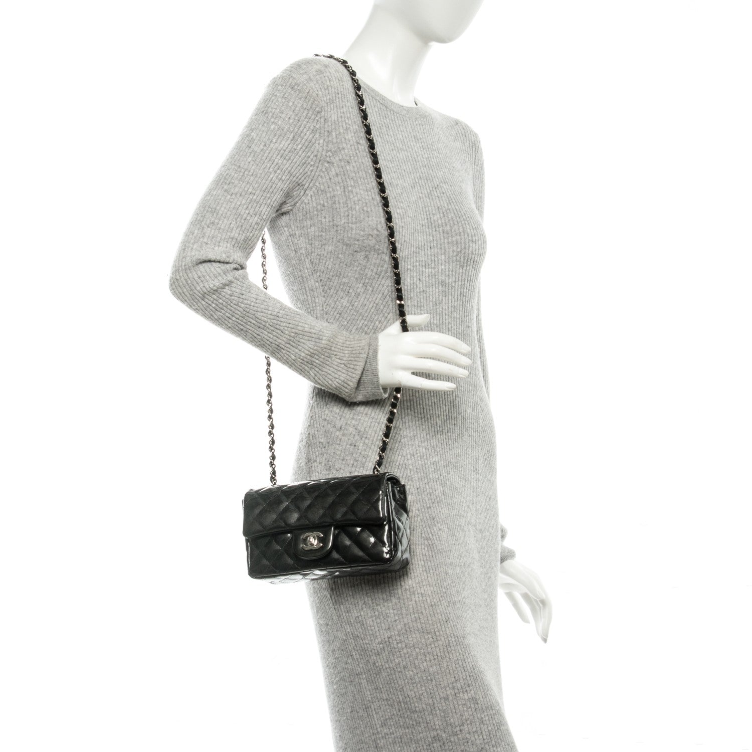 Chanel Striated Patent Quilted Mini Rectangular Flap Dark Grey 2 of 8