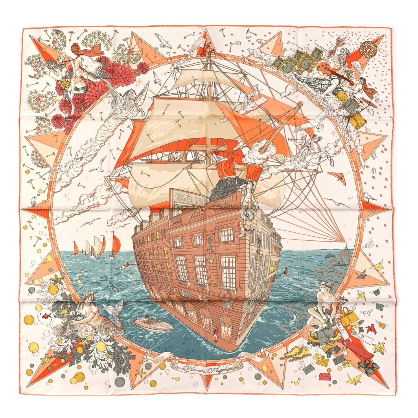Silk Flagship Scarf 90 Creme Orange Vert