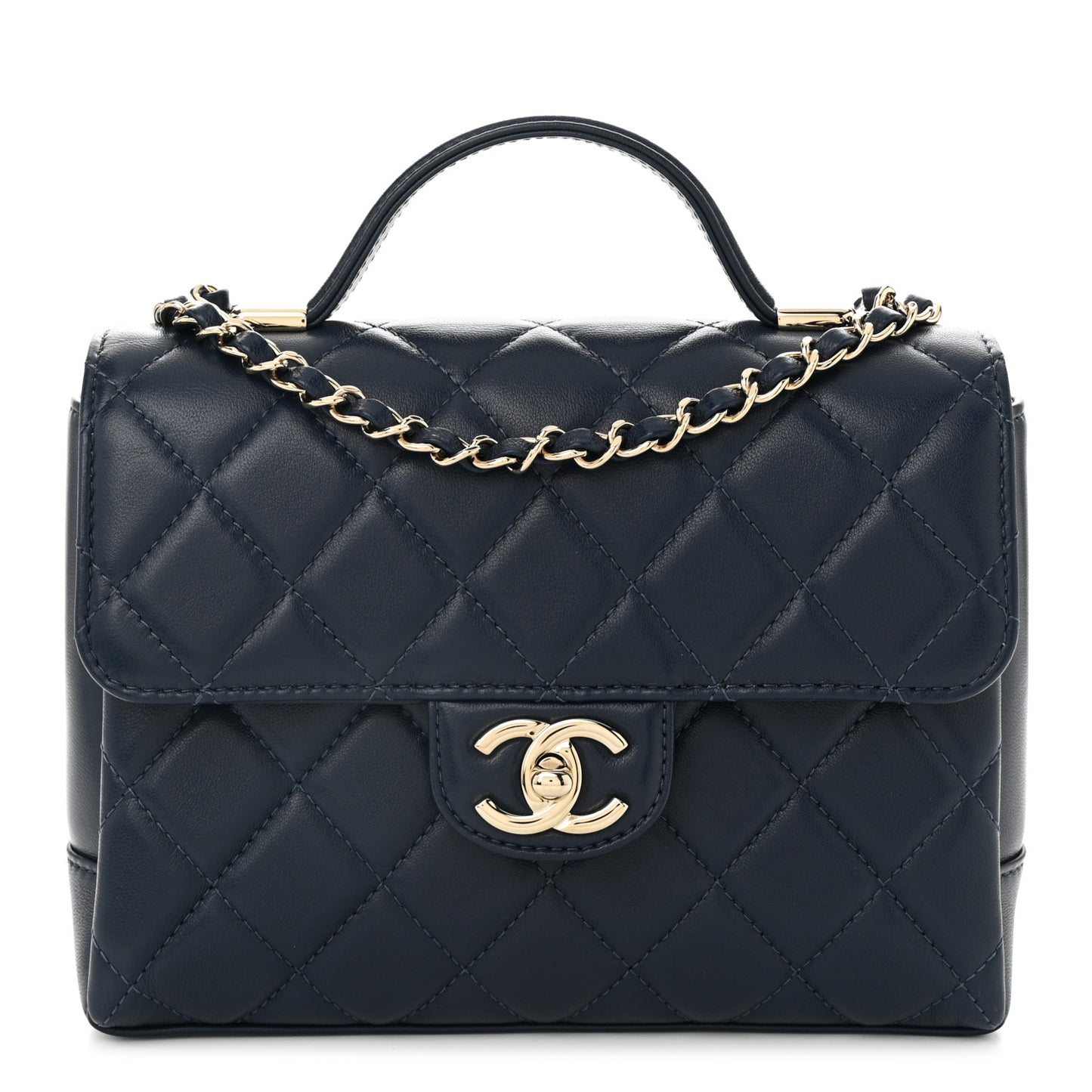Lambskin Quilted Small Top Handle Square Flap Navy Blue