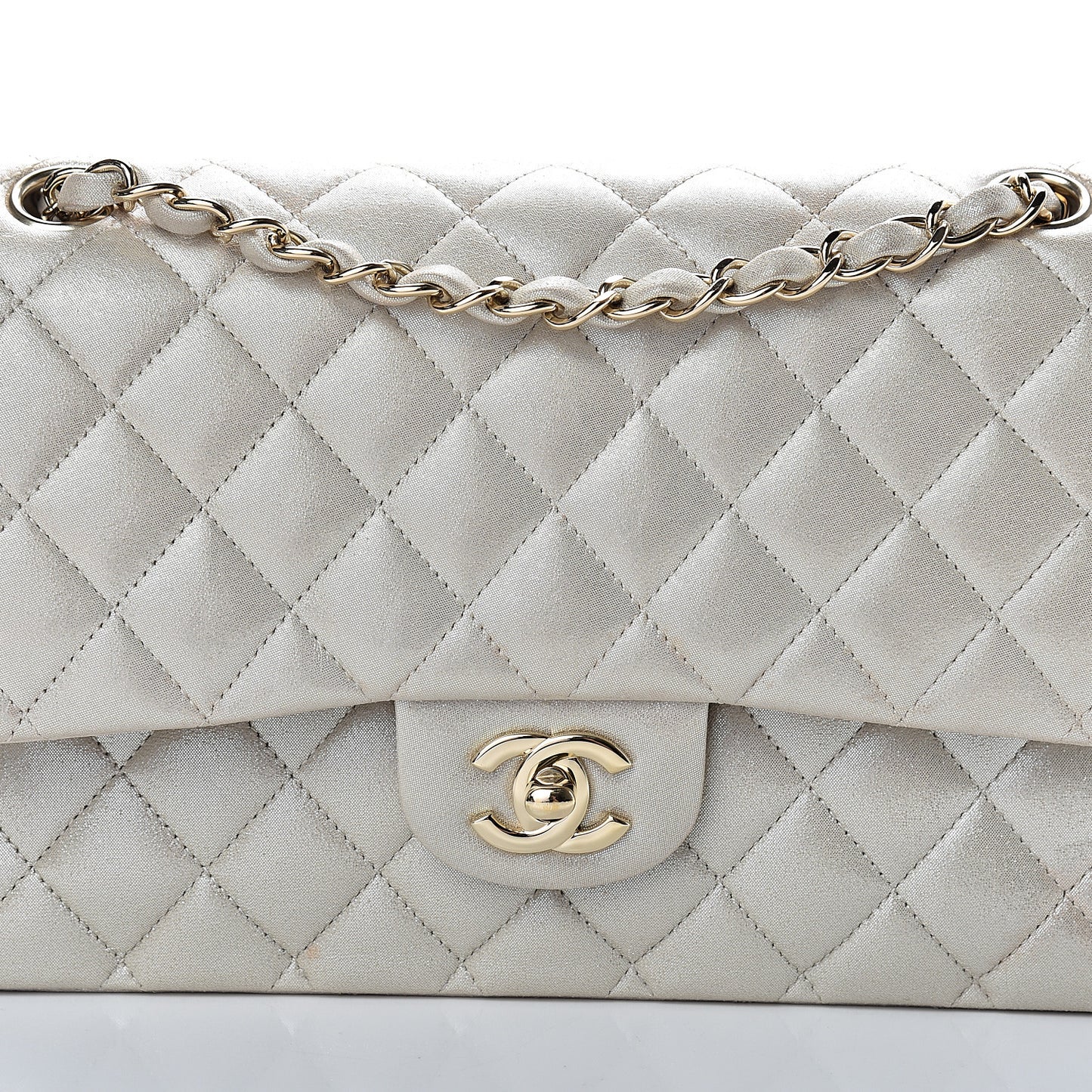Iridescent Calfskin Quilted Medium Double Flap Light Gold