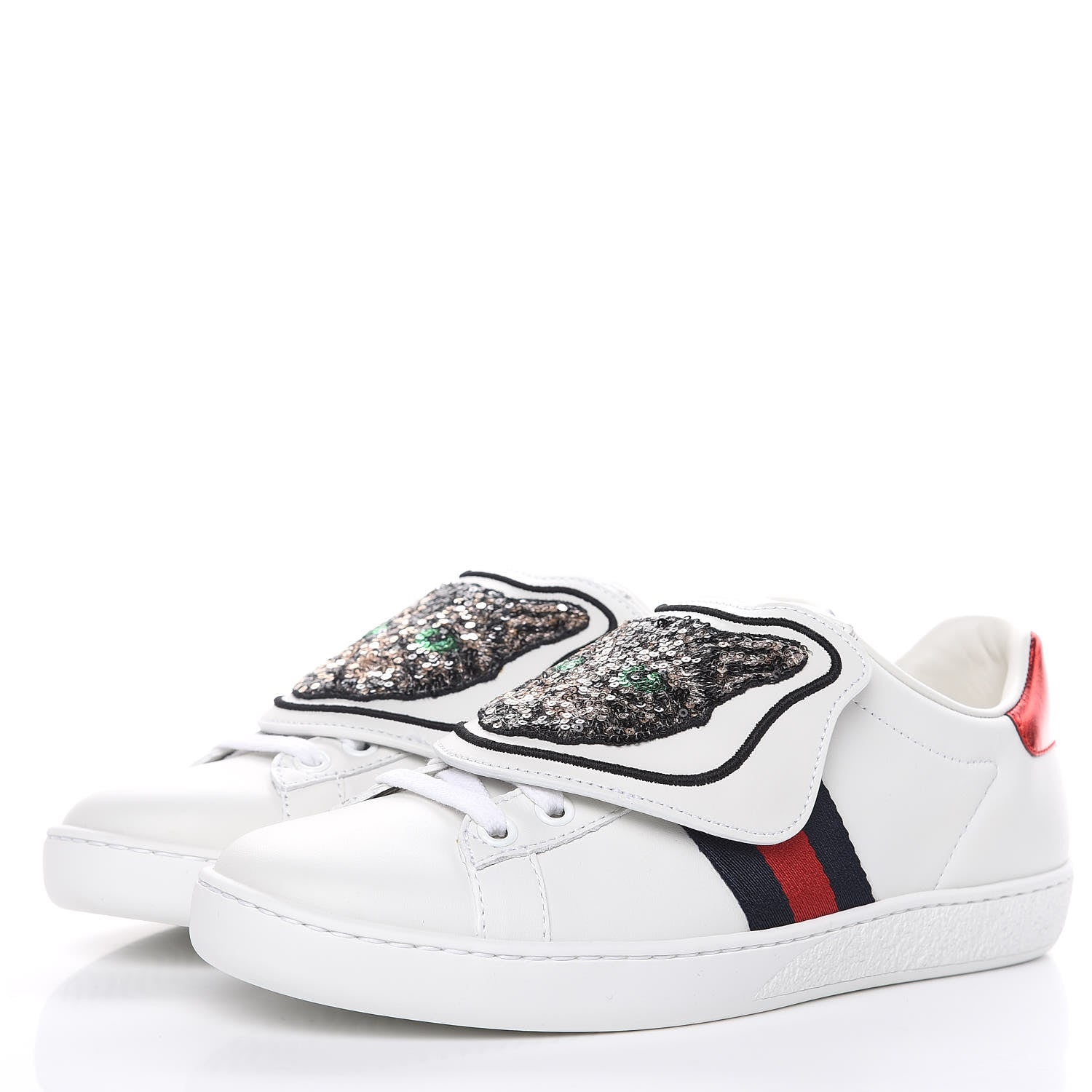 Gucci Calfskin Sequins Web Cat Womens Ace Sneakers 36 White 3 of 11