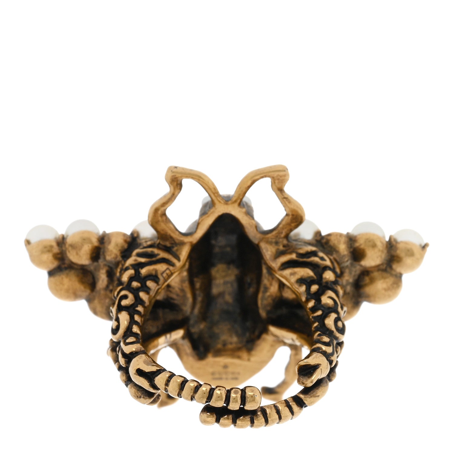 Gucci Metal Crystal Pearl Bee Ring 8 Aged Gold 3 of 4