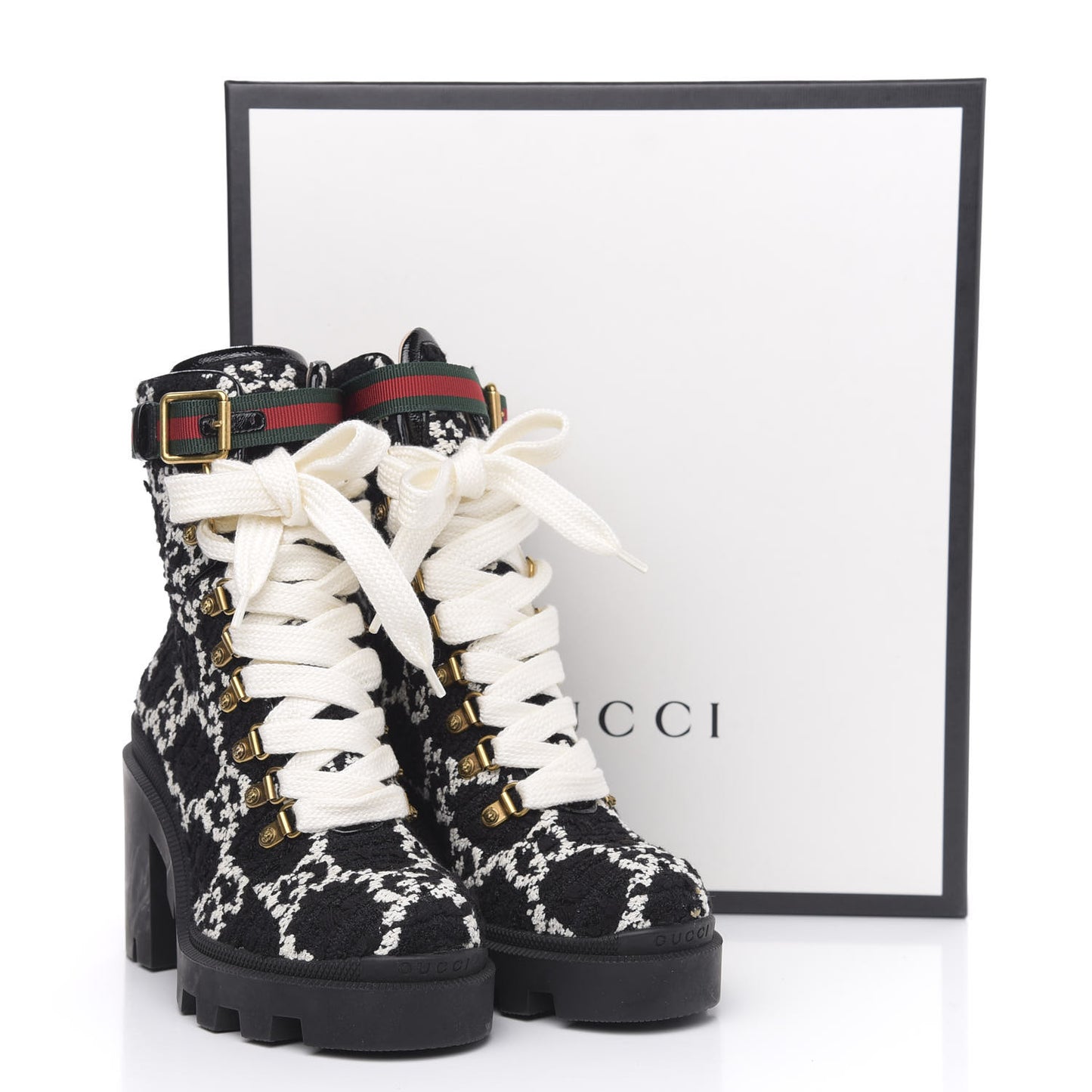 Tweed GG Monogram Lace Up Combat Ankle Boots 36.5 Black